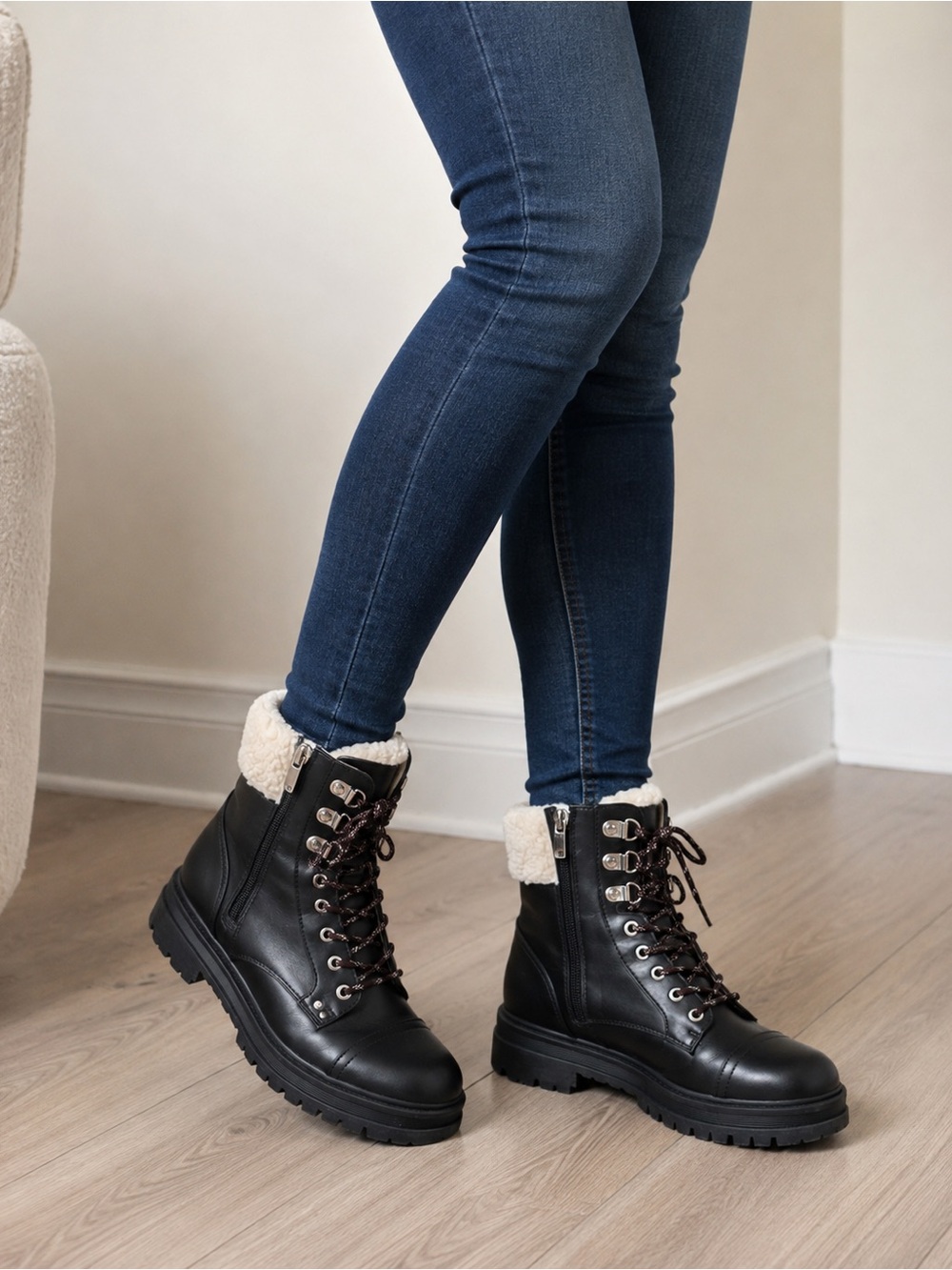 Nine West Black Lace-Up Combat Boots with Cream Sherpa Cuff
